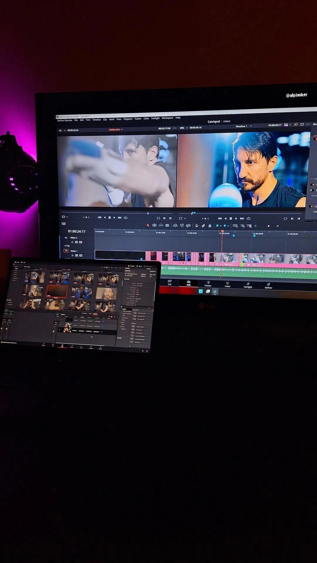 DaVinci Resolve kurgu ekranında kampanya filminin zaman çizelgesi ve renk düzenlemesi